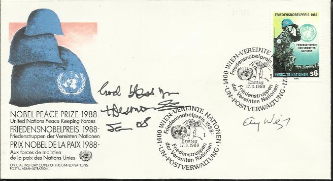 ? Desmond Tutu and Elie Wiesel signed Nobel peace prize 1988 FDC. Good condition