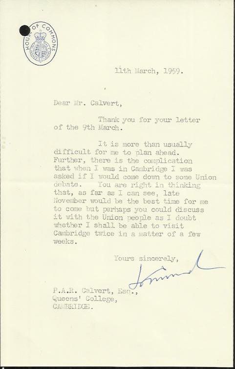 Jo Grimond TLS replying to request for meeting. Dated 11/3/59. British politician leader of the