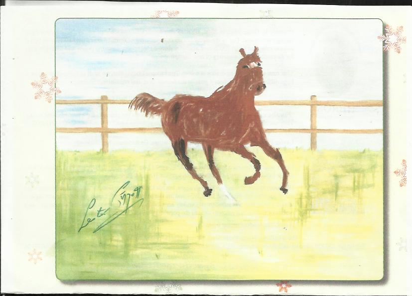 ? Lester Piggott signed colour printed drawing of horse. Good condition