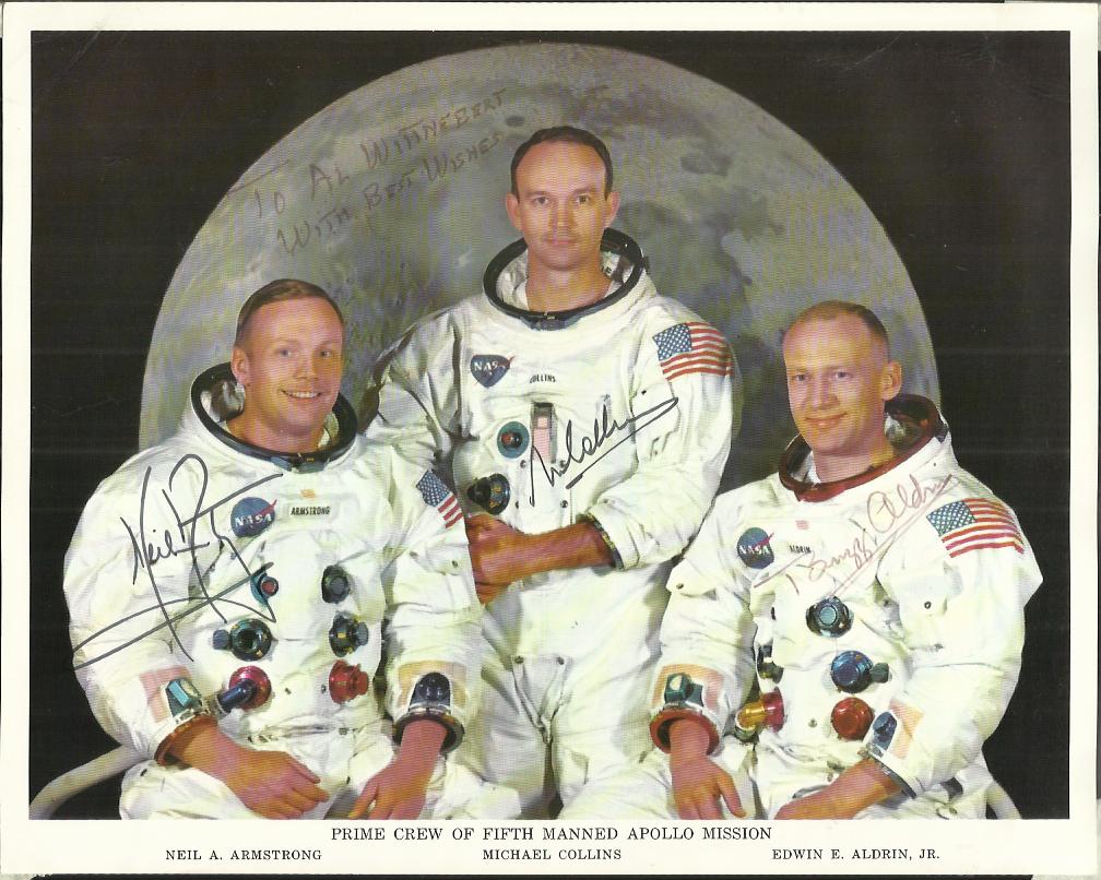 Apollo XI Crew Signed 10 x 8 colour NASA Litho, signed by Neil Armstrong, Mike Collins and Buzz