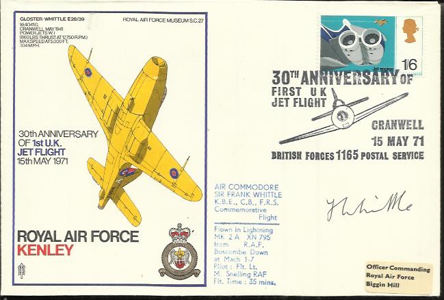 Sir Frank Whittle signed RAF Kenley SC27 Gloster Whittle flown cover. Good condition