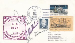 Apollo 17 crew signed recovery cover. 1972 Apollo 17 Navy Recovery cover postmarked USS