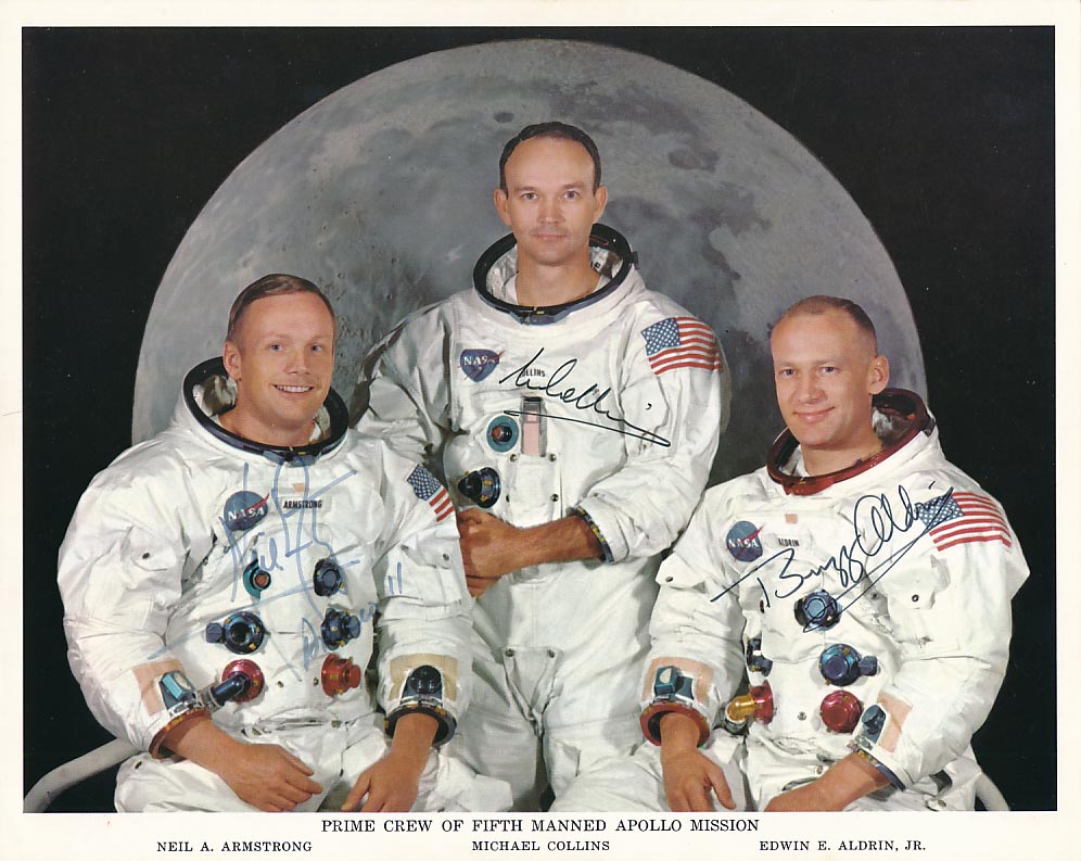 Apollo 11 crew signed NASA 8x10 litho in perfect condition, not inscribed, Neil Armstrong added