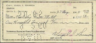 Gus Grissom signed 1960 cheque to the Holiday Inn for $110. NASA Astronaut flew Mercury-Redstone 4,