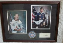 Apollo 16 crew signed presentation. Framed presentation comprising Moonwalkers John Young & Charlie