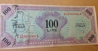 Humphrey Bogart signed 100 Lira notes 1943. signed 100 lira, Signed by both Bogart, plus his wife