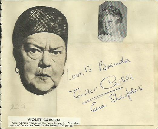 Violet Carson signature piece fixed to Autograph album page with small inset b/w photo. Lynne Carol