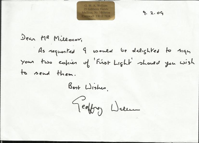 Geoffrey Wellum Battle of Britain pilot hand written letter replying to an autograph request. Good