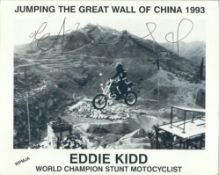 Eddie the Kidd signed 10x8 b/w photo of him jumping the Great Wall of China.