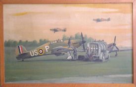Battle of Britain Hurricanes 1940s Oil Painting on canvas. Framed original of Hurricane P3055 re-