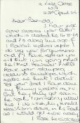 Billy Dainty signed handwritten letter, in response to request for autograph.  He mentions his