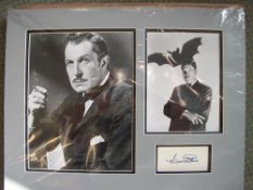 Vincent Price mounted autograph with two stunning b/w photos to overall 16 x 20 size. Good
