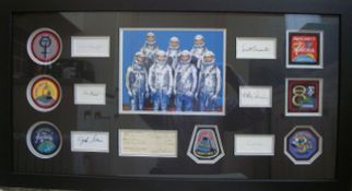 Mercury Seven signed Framed presentation overall Size 38x20 inches. Has signed Gus Grissom Cheque