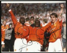 Gary Neville, Dwight Yorke, Andy Cole signed 10 x 8 colour Man United photo. Good condition