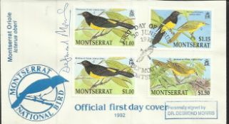 Desmond Morris Famous Zoologist autographed 1992 Montserrat National Bird official first day cover.