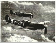 WW2 pilots signed 12 x 8 b/w photo of a pair of Spitfires in flight signed by Battle of Britain