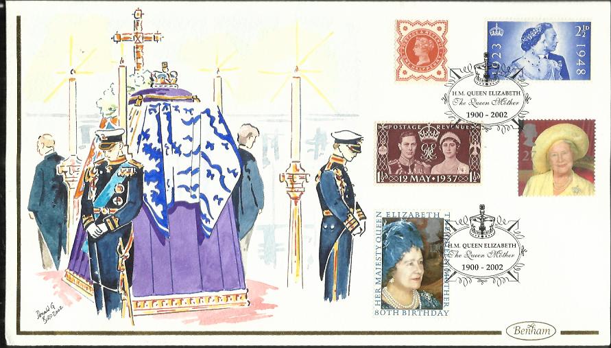 Donald G Bird Hand painted FDC 2002 Benham FDC as tribute to Her Majesty Queen Elizabeth the Queen