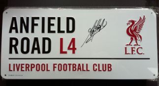 KEVIN KEEGAN: Metal street sign, ""Anfield Road L4"" with Liverpool FC crest, personally hand