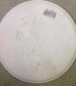 Nigel Glockler Drummer with rock bank Saxon signed Arbiter Drumskin to Alex. Good condition