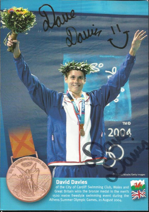 David Davies signed colour photo.  Bronze medal winner in Athens summer Olympics. Good condition.