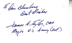 Medal of Honor signed Small white index card bearing the dedicated autograph of James A. Taylor -
