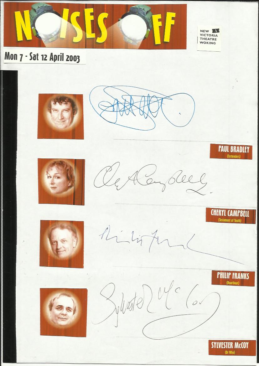 Noises Off cast signed A4 white sheet with inset colour photos. Signed by Paul Bradley, Cheryl