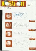 Noises Off cast signed A4 white sheet with inset colour photos. Signed by Paul Bradley, Cheryl