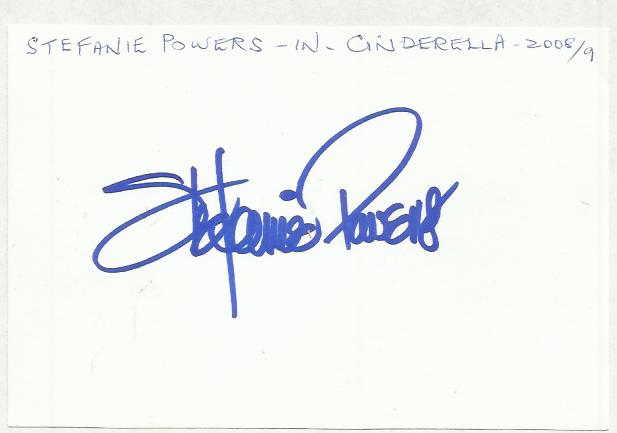 Stefanie Powers signed large 6 x 4 white card lightly fixed to A4 white page.