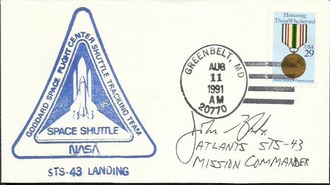 John Blaha 1991 Space Shuttle STS-43 landing cover with Greenbelt postmark. Signed by astronaut