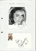 Claire Sweeney signed 6 x 4 b/w photo and signed large 6 x 4 white card lightly fixed to A4 white