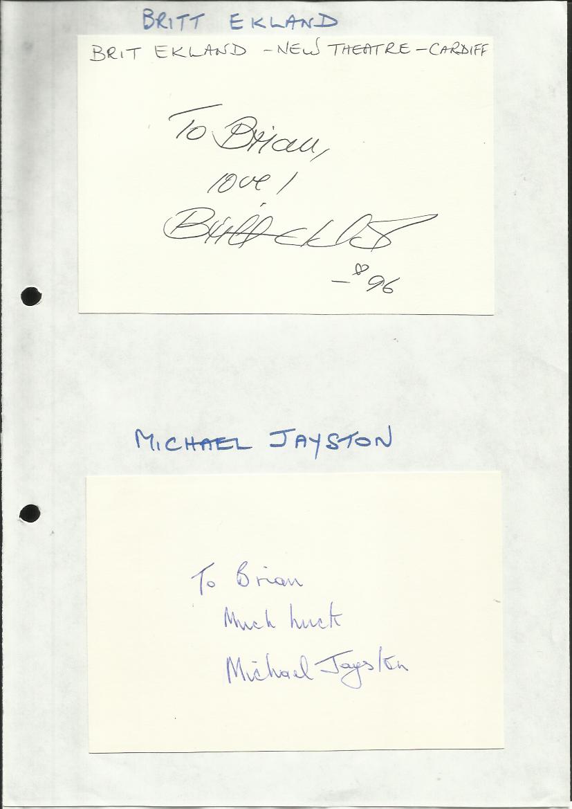 Britt Ekland and Michael Jayston signed on 2 separate index cards, but attached to one A4 page.