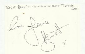Tracie Bennett signed large 6 x 4 white card lightly fixed to A4 white page.