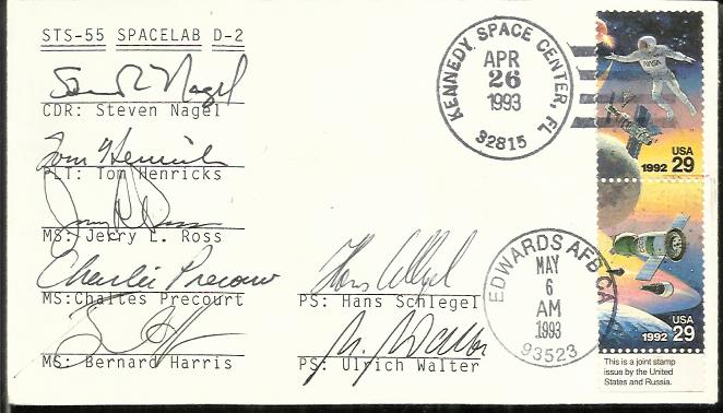 Full STS crew signed 1993 STS-55 Spacelab cover. Postmarked Kennedy Space Center. Signed by the