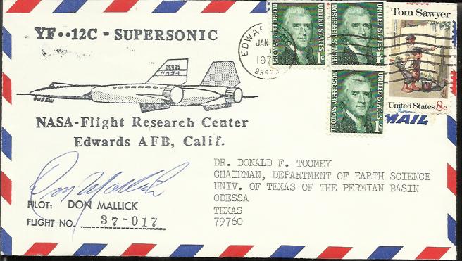 Don Mallick 1974 NASA Edwards AFB YF-12C Supersonic cover with Edwards postmark. Signed by test