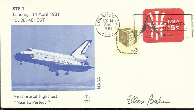 Ellen Baker 1981 STS-1 Landing cover with Edwards AFB postmark. Signed by astronaut Ellen Baker who