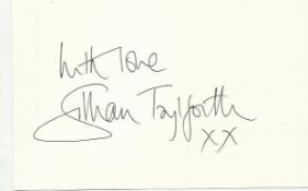 Gilian Tayforth signed large 6 x 4 white card lightly fixed to A4 white page.