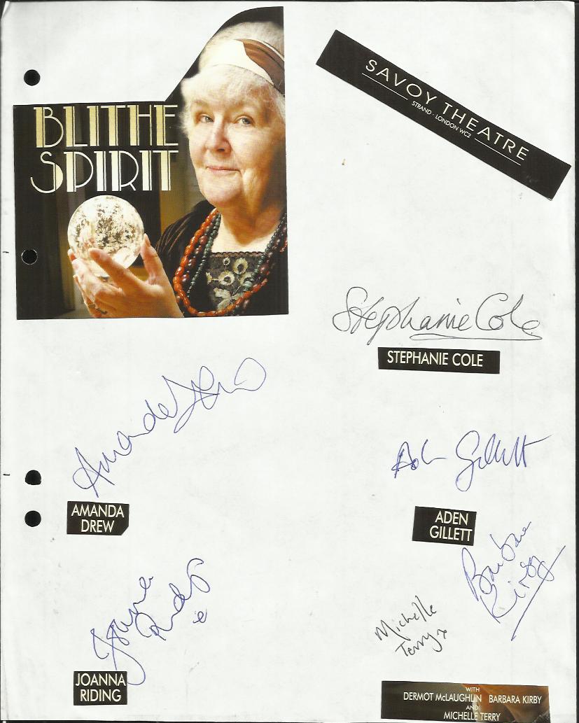 Blithe Spirit cast signed A4 white sheet with inset colour photos. Signed by Amanda Drew, Stephanie
