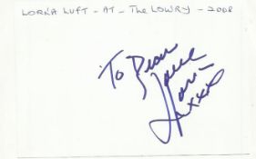 Lorna Luft signed large 6 x 4 white card lightly fixed to A4 white page.