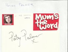 Patsy Palmer signed large 6 x 4 white card lightly fixed to A4 white page.