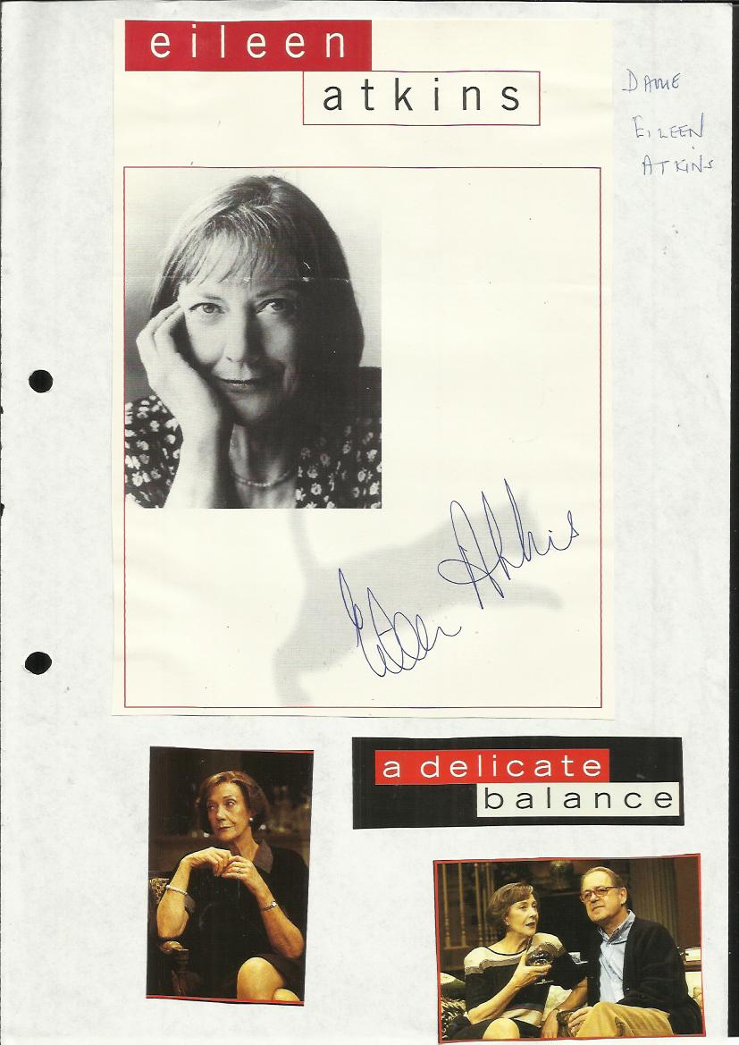 Eileen Atkins signed magazine photo with two smaller unsigned ones lightly fixed to A4 white page.