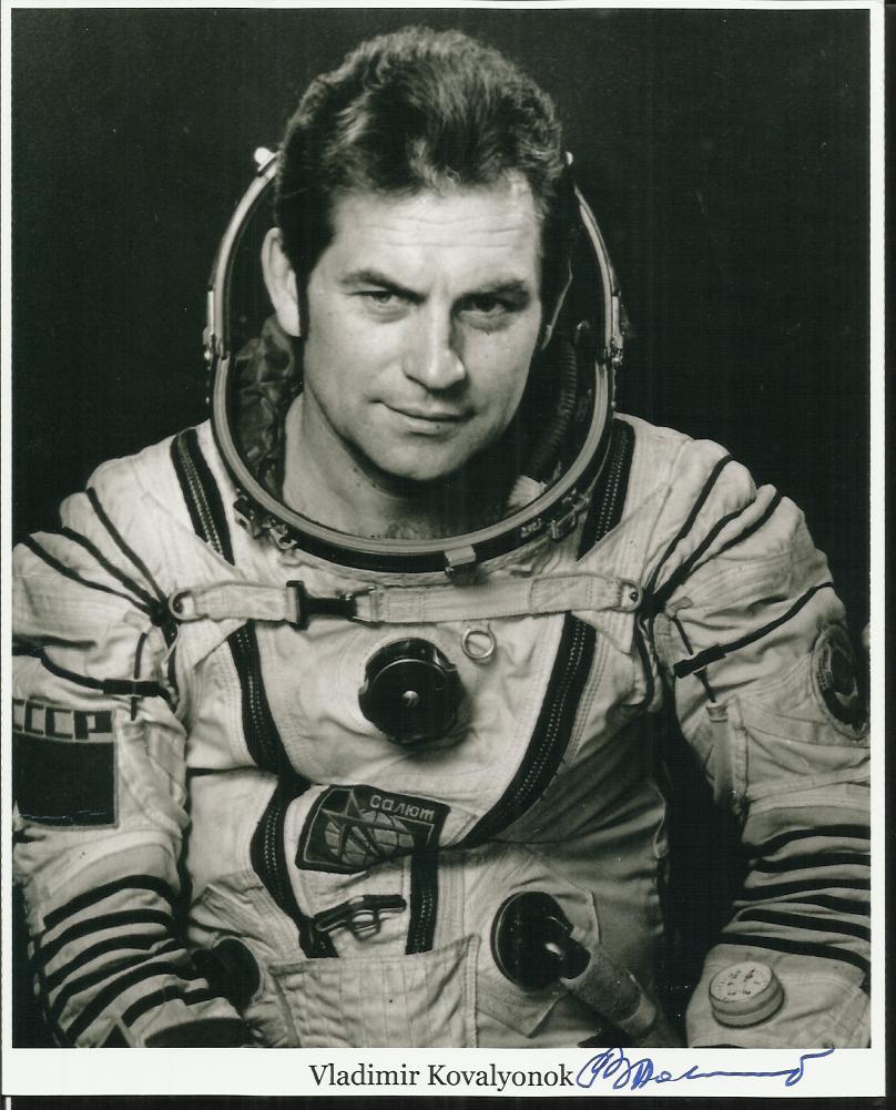 Vladimir Kovalyonok Black and white space suit portrait photograph autographed by cosmonaut