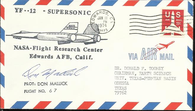 Don Mallick 1974 NASA Edwards AFB YF-12 Supersonic cover with Edwards postmark. Signed by test