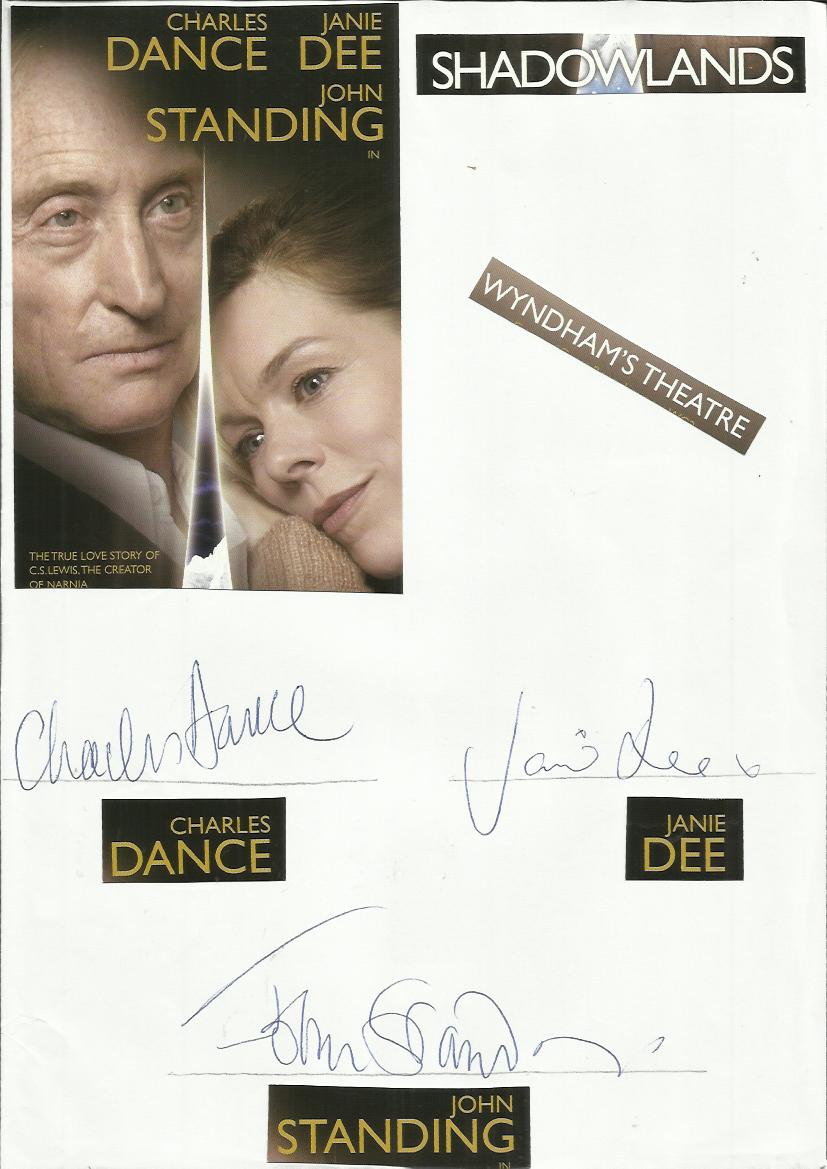 Shadowlands cast signed A4 white sheet with inset colour photos. Signed by Charles Dance, Janie