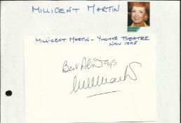 Millicent Martin signed large 6 x 4 white card lightly fixed to A4 white page.