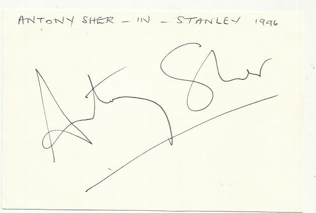 Anthony Sher signed large 6 x 4 white card lightly fixed to A4 white page.