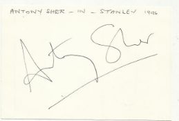 Anthony Sher signed large 6 x 4 white card lightly fixed to A4 white page.