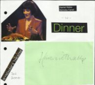 Harriet Walter signed large 6 x 4 card lightly fixed to A4 white page with magazine photo. Good