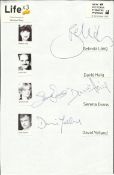 Life x 3 cast signed A4 white sheet with inset colour photos. Signed by Belinda Lang, David Haig,