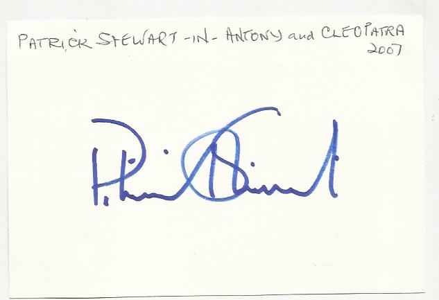 Patrick Stewart signed large 6 x 4 white card lightly fixed to A4 white page.