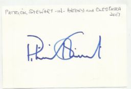 Patrick Stewart signed large 6 x 4 white card lightly fixed to A4 white page.